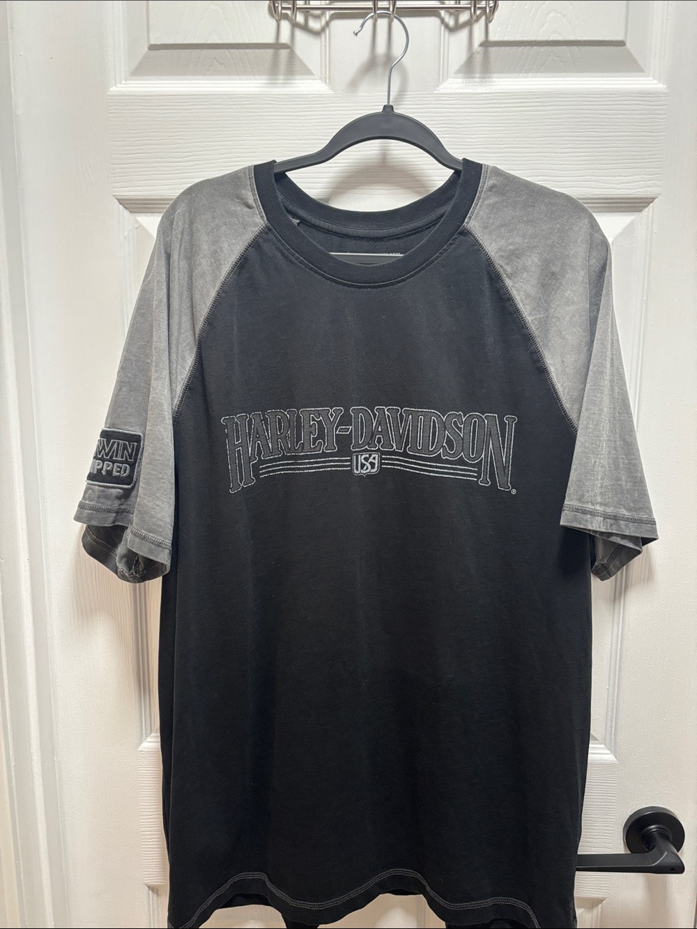 Harley-Davidson Black Tee with Gray Raglan Sleeves and Chest Logo